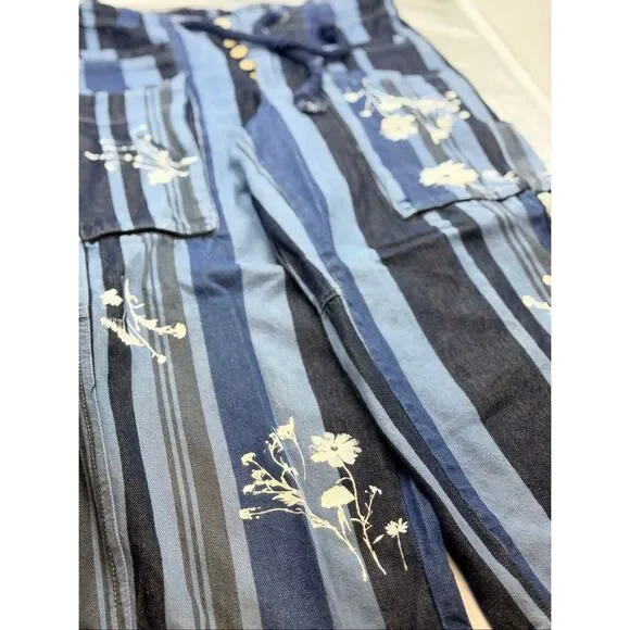 We the Free Free People Women's XS Black Blue Striped Cropped Floral Jeans - Picture 3 of 9